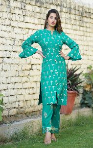 Teal Color &amp;amp; Golden Printed Kurtis With Palazzo