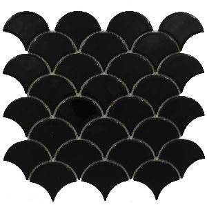 Fish Scale Glossy Black Mosaic Tiles