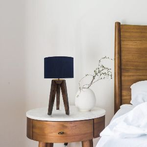 Wooden Tripod Stand Lamp With Blue Shade