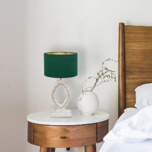 Wooden White Lamp With Golden Dots & Green Lamp Shade
