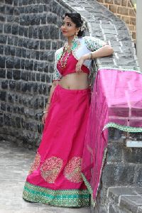 Rani Pink and White Banglory Silk Lehenga Choli