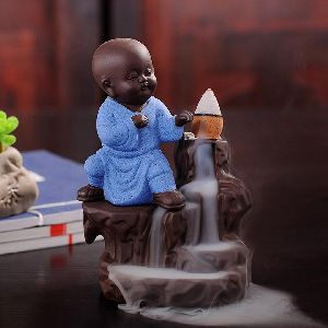 Baby Monk On Hill Backflow Incense Cone Holder Waterfall Smoke