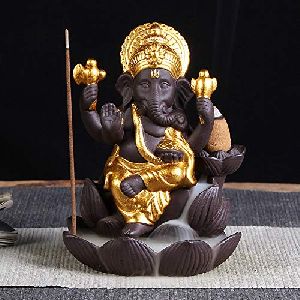 Golden Ganesha On Lotus Backflow Incense Cone Holder Polyresin Incense Holder