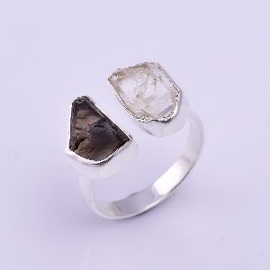 925 Sterling Silver Raw Smoky Herkimer Diamond Gemstone Adjustable Ring