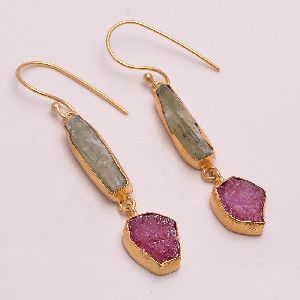 Kyanite Ruby Brass Drop Gold Plated Earrings