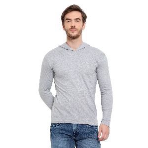 Mens Full Sleeve Grey Hooded T-Shirt