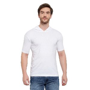 Mens Half Sleeve White Hooded T-Shirt