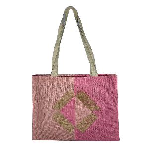 Cotton Handle Handcrafted Patch Two Tone Laminated Jute Bag