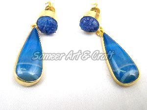 Blue Agate and Blue Druzy Gemstone Stud Earring with Gold Plated