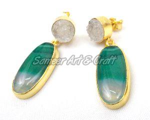 Blue Agate and White Druzy Gemstone Stud Earring with gold plated