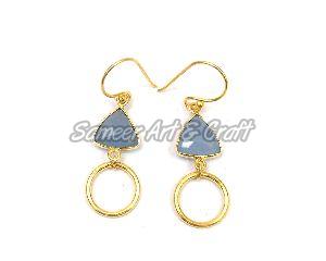 Blue Chalcedony Gemstone Trillion Shape Earring with Gold Plated