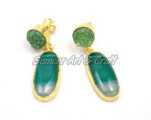 Green Agate and Green Druzy Gemstone Stud Earring with gold plated