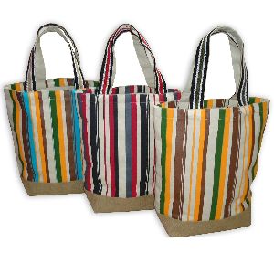 12 Oz Natural Canvas Striped Print Tote Bag