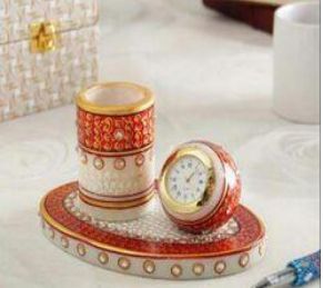 Marble Pen Stand With Clock, For Home, Office, Style : Classy