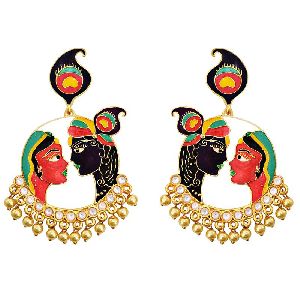 Radha Krishna Bali Gold Plated Earrings Red Black Color