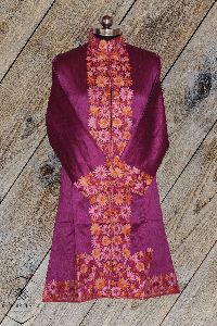 Purple Aari Embroidered Kashmiri Long Coat
