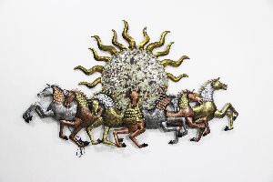 Metal Running Horse Behind Sun in Golden Wall Art with LED