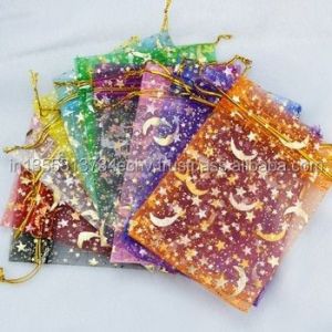 Drawstring Jewelry Gift Favor Pouches Organza Gem Bags gold Star and Moon Printed Candy Pouch