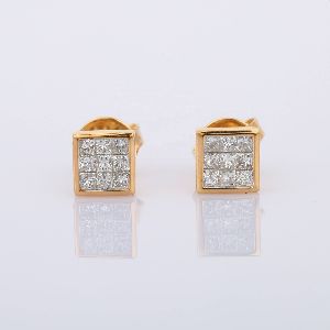 Natural Diamond Square Solitaire 18K Yellow Gold Studs
