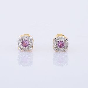 Pink Sapphire With Tiny Diamond 14K Yellow Gold Studs