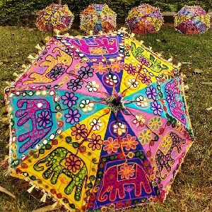 Handmade Indian Umbrella with Elephant Embroidery Garden Umbrella For Garden And Outdoor Umbrella