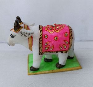 Painted White Marble Cow Statue