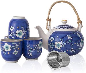 Taimei Teatime Blue Ceramic Tea Set, 25-oz Teapot with Infuser and 4 Tea Cup Set in Japanese Style
