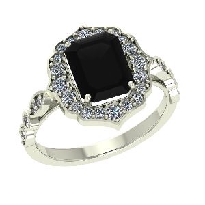 3.30 Carat Floral Black Emerald Cut Ring In 14k White Gold