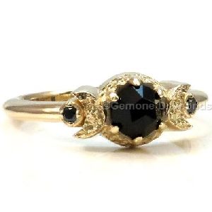 Crescent Moon Engagement Ring 14k Yellow Gold With Gothic Jet Black Diamond