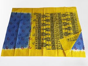 yellow kalamkari screen printing saree
