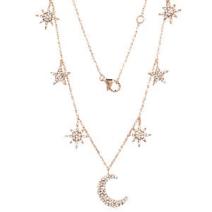 Gold Star and Half Moon Charm Diamond Necklace