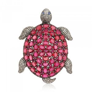 Ruby Turtle Brooch with Diamonds in Silver and 14K Gold
