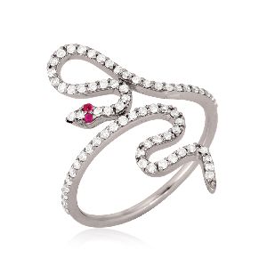 Sterling Silver Diamond Snake Ring with Ruby Eyes