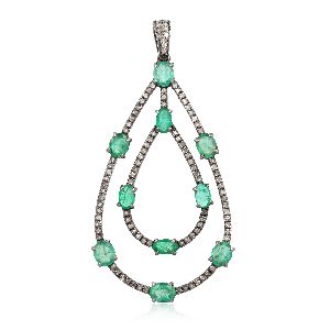 Sterling Silver Pear Shape Emerald Diamond Pendant