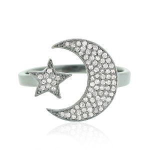 Sterling Silver Star and Moon Diamond Ring