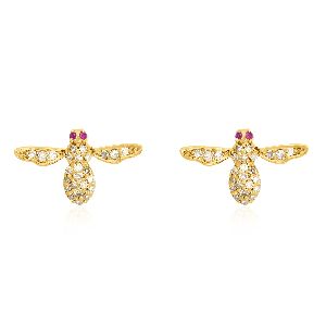 Yellow Gold Diamond Bee Studs with Ruby Eyes