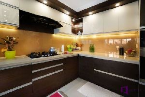 Lacquered Glass L Shaped Modular Kitchen