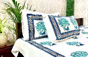 DKWTBLU157 Hand Block Printed Cotton Double Bedsheet