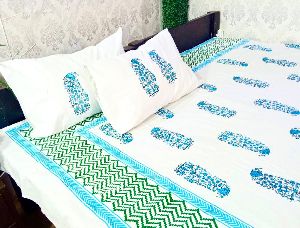 DKWTLTBLU126 Hand Block Printed Cotton Double Bedsheet