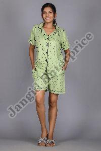 Ladies Green Rayon Shirt and Shorts Set