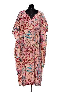 Floral design Printed Ladies Long Poncho caftan Dress plus Size Tunic Beach Wear Summer CottonKaftan