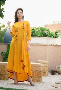 Designer Mustard Flared Long Kurti