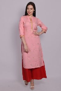 Rayon Pink Slub Heavy Mirror Embroidery Work Kurti