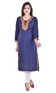 Rayon Red and Blue Slub Zari Mirror Embroidery Work Kurti