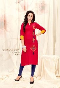 Rayon Red Knee Length Kurti