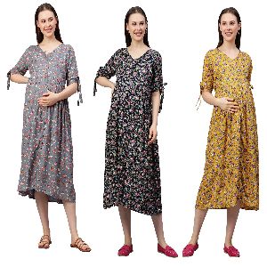 MomToBe Women's Rayon Floral A-Line Maternity/Feeding/Nursing Maternity Dress