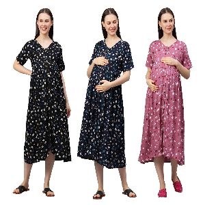 MomToBe Women's Rayon Floral A-Line Midi Maternity/Feeding/Nursing Maternity Dress