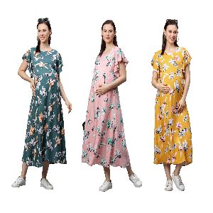 MomToBe Women's Rayon Floral Printed Maternity/Feeding/Nursing Dress