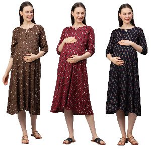 MomToBe Women's Rayon Keyhole Neck Maternity/Feeding/Nursing Maternity Dress