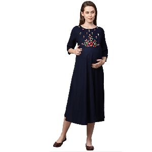 MomToBe Women's Rayon Navy Blue Maternity/Feeding Dress